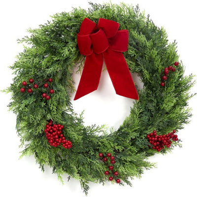 "24"" Cedar Christmas Wreath Green Holiday Wreath With Red Berries And Velvet Bow" - image 1