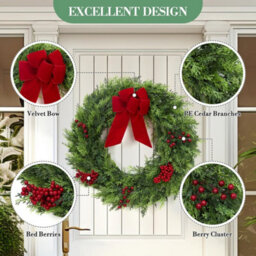 "24"" Cedar Christmas Wreath Green Holiday Wreath With Red Berries And Velvet Bow" - thumbnail 4
