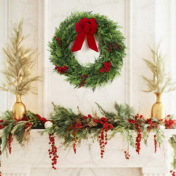 "24"" Cedar Christmas Wreath Green Holiday Wreath With Red Berries And Velvet Bow" - thumbnail 2