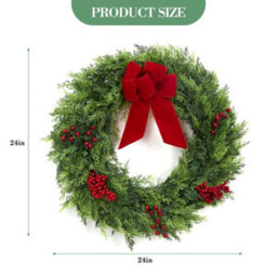 "24"" Cedar Christmas Wreath Green Holiday Wreath With Red Berries And Velvet Bow" - thumbnail 3