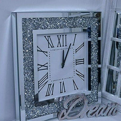 DEENZ Square Crushed Jewel Mirror Wall Clock Black Hands Roman Diamante