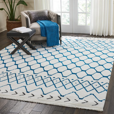 White Blue Shaggy Modern Moroccan Geometric Rug Easy To Clean Living Room Bedroom And Dining Room-239Cm X 320Cm - image 1