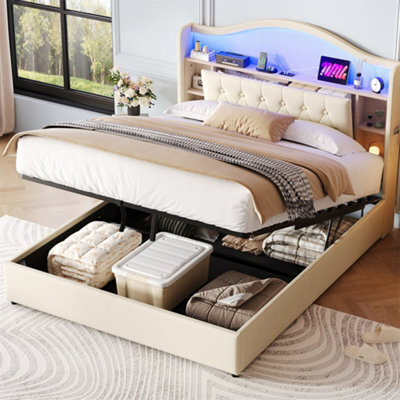 Abrihome Upholstered 4Ft6 Double Bed With Curved Led Headboard & Hydraulic Storage, Usb/type-C Charging, Beige (No Mattress) - image 1