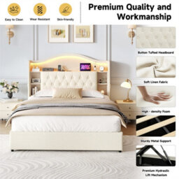 Abrihome Upholstered 4Ft6 Double Bed With Curved Led Headboard & Hydraulic Storage, Usb/type-C Charging, Beige (No Mattress) - thumbnail 3