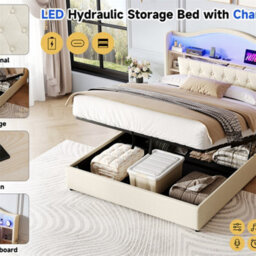 Abrihome Upholstered 4Ft6 Double Bed With Curved Led Headboard & Hydraulic Storage, Usb/type-C Charging, Beige (No Mattress) - thumbnail 5
