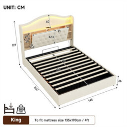 Abrihome Upholstered 4Ft6 Double Bed With Curved Led Headboard & Hydraulic Storage, Usb/type-C Charging, Beige (No Mattress) - thumbnail 7