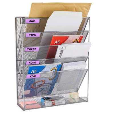 Hanging Magazine Rack Wall Mounte 6 Tier Mesh Metal Silver - image 1