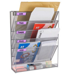 Hanging Magazine Rack Wall Mounte  6 Tier Mesh Metal Silver - thumbnail 1