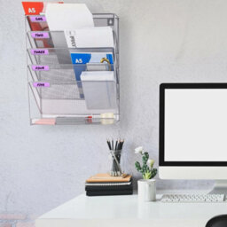 Hanging Magazine Rack Wall Mounte  6 Tier Mesh Metal Silver - thumbnail 3