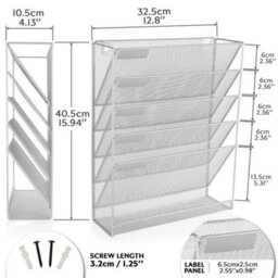 Hanging Magazine Rack Wall Mounte  6 Tier Mesh Metal Silver - thumbnail 6