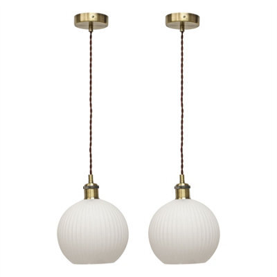First Choice Lighting Set Of 2 Betchley - White Ribbed Globe Antique Brass Retro Pendants - image 1