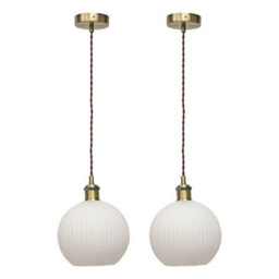 First Choice Lighting Set Of 2 Betchley - White Ribbed Globe Antique Brass Retro Pendants - thumbnail 1