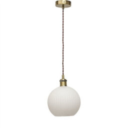 First Choice Lighting Set Of 2 Betchley - White Ribbed Globe Antique Brass Retro Pendants - thumbnail 2
