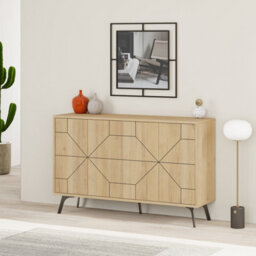 Decortie Dune Modern Sideboard Cabinet - Geometric 4 Door Console Sideboard With Metal Legs Oak - thumbnail 5
