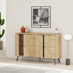 Decortie Dune Modern Sideboard Cabinet - Geometric 4 Door Console Sideboard With Metal Legs Oak - thumbnail 6