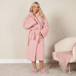 OHS Teddy Fleece Long Dressing Gown Ladies Warm House Coat Hooded, Blush - thumbnail 3