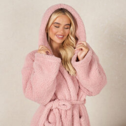 OHS Teddy Fleece Long Dressing Gown Ladies Warm House Coat Hooded, Blush - thumbnail 2