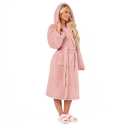 OHS Teddy Fleece Long Dressing Gown Ladies Warm House Coat Hooded, Blush