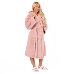 OHS Teddy Fleece Long Dressing Gown Ladies Warm House Coat Hooded, Blush - thumbnail 5