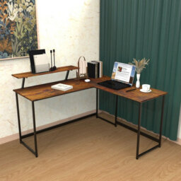 Abrihome L Computer Desk With Self Corner Tabletop Home Office Work Table, Industrial Rustic Brown