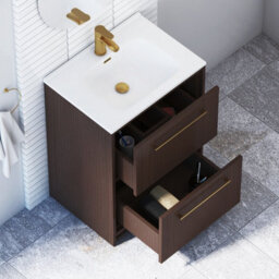 Royal Bathrooms Livora 600mm Walnut Woodgrain Floor Standing Vanity Unit 2 Drawer With Ceramic Basin & Brushed Brass Handle - thumbnail 4