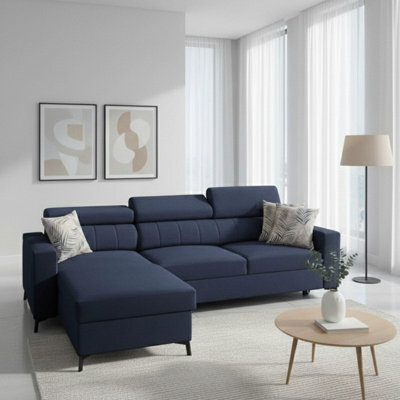 Baltico Mini Compact Corner Sofa Adjustable Headrests Pull Out Guest Bed Contemporary L Shaped Fabric Couch Blue Left - image 1