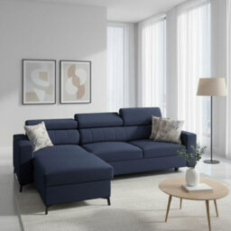 Baltico Mini Compact Corner Sofa Adjustable Headrests Pull Out Guest Bed Contemporary L Shaped Fabric Couch Blue Left - thumbnail 1