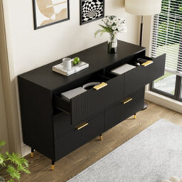 Matteo Elegant 6-Drawer Wave Texture Sideboard In Black And Gold - thumbnail 2