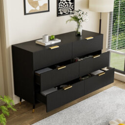 Matteo Elegant 6-Drawer Wave Texture Sideboard In Black And Gold - thumbnail 3