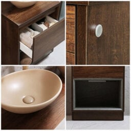 Homestylestore Dark Oak 600mm Led Lit Bathroom Vanity Unit Oval Sand Countertop Basin Open Shelf - thumbnail 2