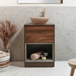 Homestylestore Dark Oak 600mm Led Lit Bathroom Vanity Unit Oval Sand Countertop Basin Open Shelf