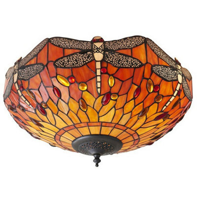 Tiffany Glass Semi Flush Ceiling Light Flame Dragonfly Inverted Shade I00045 - image 1