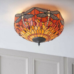 Tiffany Glass Semi Flush Ceiling Light Flame Dragonfly Inverted Shade I00045 - thumbnail 5