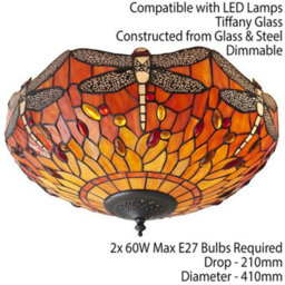 Tiffany Glass Semi Flush Ceiling Light Flame Dragonfly Inverted Shade I00045 - thumbnail 2