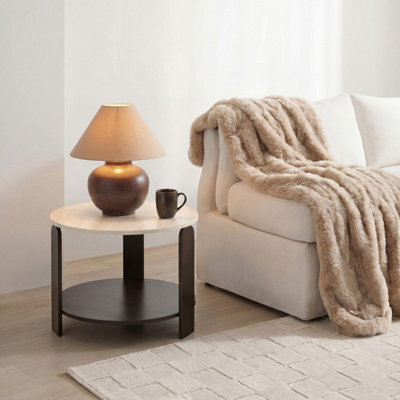 Ohs Two-Layer Round Side End Table Engineered Wood Nightstand - Travertine - image 1