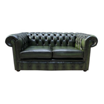 Chesterfield 2 Seater Antique Green Leather Tufted Buttoned Sofa Settee In Classic Style - image 1