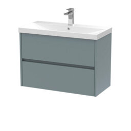 Nuie Havana Wall Hung 2 Drawer Vanity Basin Unit & Thin-Edge Ceramic Basin, Modern Sink Vanity Unit In Coastal Grey With White - thumbnail 1