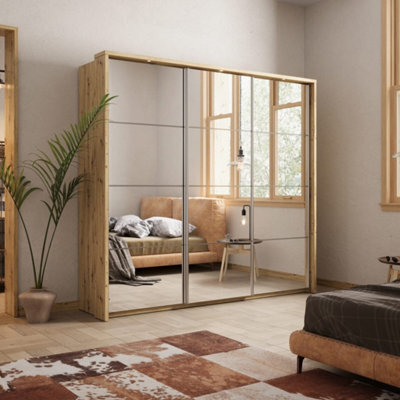Arte Lux 27 - 3 Mirrored Sliding Door Wardrobe In Oak Shetland - W2400mm H2190mm D590mm, Sleek And Spacious - image 1