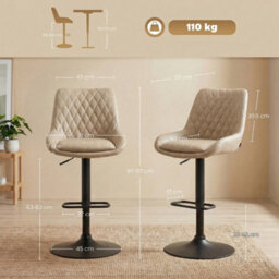 Set Of 2 Khaki Pu Leather Padded Bar Stools Metal Base - thumbnail 2