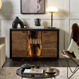 Wyld And Coco 2-Door Sideboard, Light Brown And Black Mdf, Led Stump Light, Glass Shelf, 120X42X75Cm - thumbnail 2