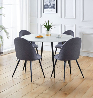 Hallowood Furniture Cullompton Large Round White Marble Effect Dining Table 120Cm With 4 Curved-Back Grey Fabric Chairs - image 1