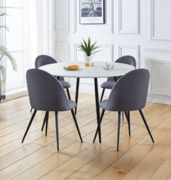 Hallowood Furniture Cullompton Large Round White Marble Effect Dining Table 120Cm With 4 Curved-Back Grey Fabric Chairs
