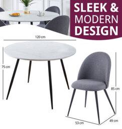 Hallowood Furniture Cullompton Large Round White Marble Effect Dining Table 120Cm With 4 Curved-Back Grey Fabric Chairs - thumbnail 3
