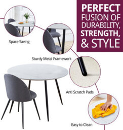 Hallowood Furniture Cullompton Large Round White Marble Effect Dining Table 120Cm With 4 Curved-Back Grey Fabric Chairs - thumbnail 2
