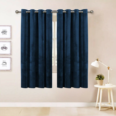 Oxford Homeware Eyelet Velvet Curtains Navy Fully Lined Blackout Thermal Insulated Eyelet Curtains Pair (W)117Cm X (L)137Cm - image 1