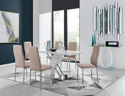 Furniturebox Uk Sorrento White High Gloss And Chrome Dining Table And 6 Cappuccino Beige Milan Dining Chairs - image 1