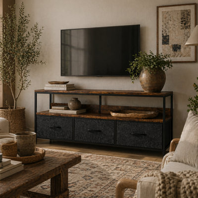 Wyld Haus Avasoro 120Cm Rustic Brown Tv Storage Unit With 3 Fold-Down Fabric Drawers - Fits Up To 55-Inch Tvs - image 1