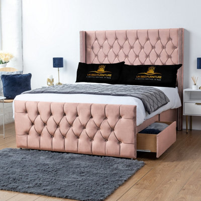 UKBEDFURNITURE Emily Pink Plush Wingback Divan Bed 2 Foot End Drawers With 10 Inch Orthopaedic Mattress & 54 Inch Headboard - image 1