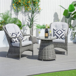 Abrihome 3-Piece Outdoor Rattan Bistro Set - 2 Curved-Arm Chairs,  Aluminium Table With 5mm Tempered Glass, Grey - thumbnail 6