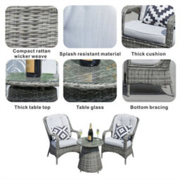 Abrihome 3-Piece Outdoor Rattan Bistro Set - 2 Curved-Arm Chairs,  Aluminium Table With 5mm Tempered Glass, Grey - thumbnail 4